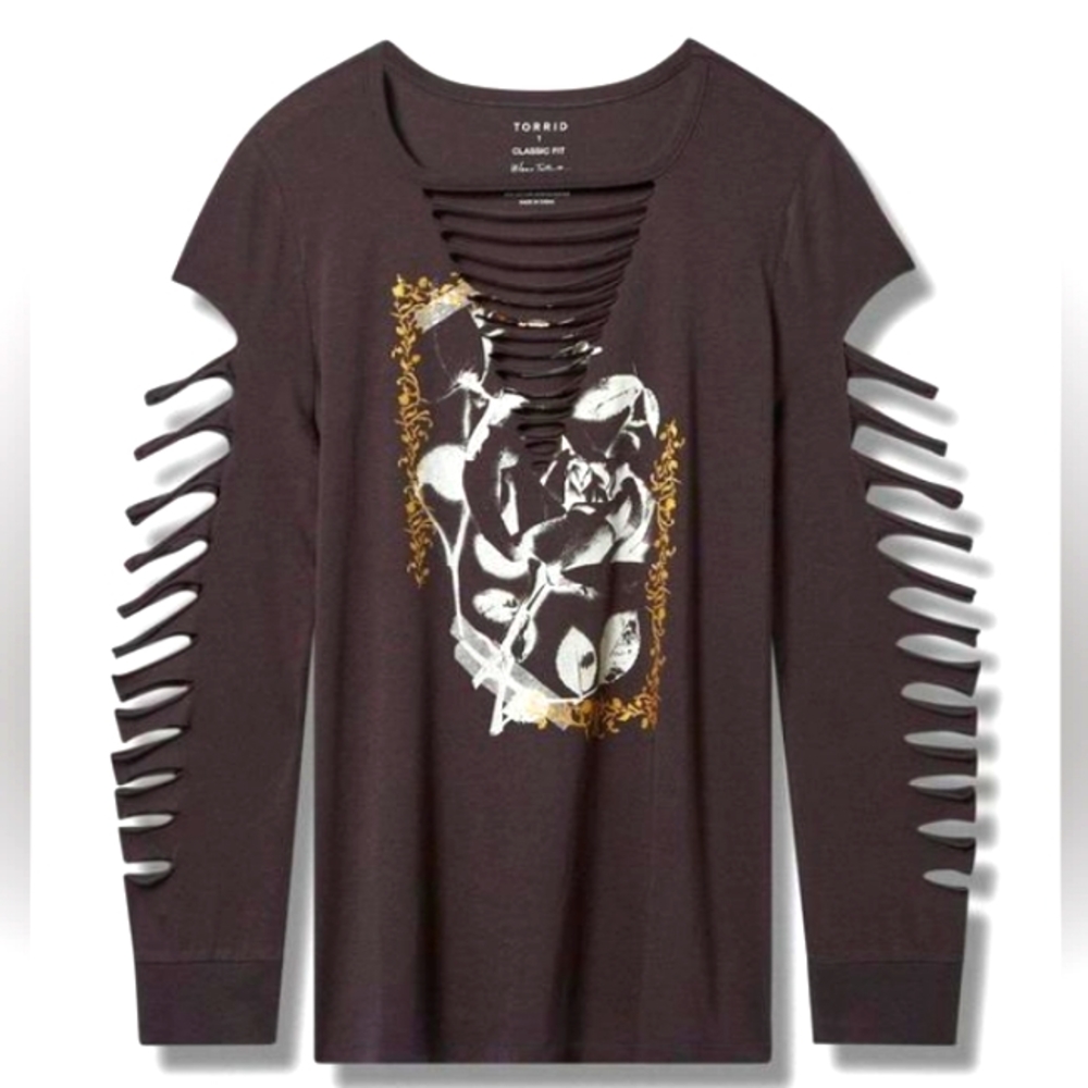 NWT Torrid Roses Classic Fit Cotton Slashed Neck Long Sleeve Tee